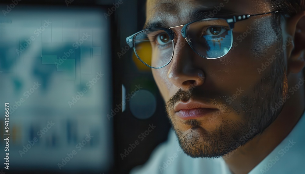 Poster focused professional analyzing data on a computer screen in a modern office environment. businessman