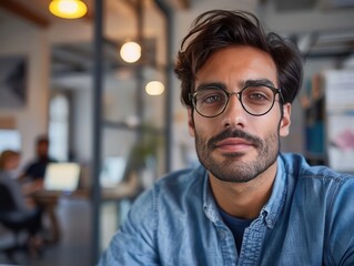 Young professional man with glasses in a modern office setting, looking confidently at the camera, soft focus background with some coworkers.