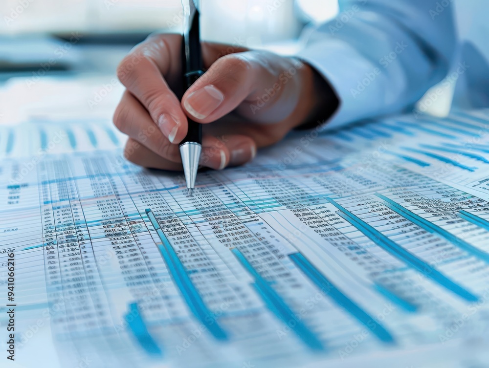 Poster close-up of a hand holding a pen, analyzing data on a financial report with blue charts and graphs. 