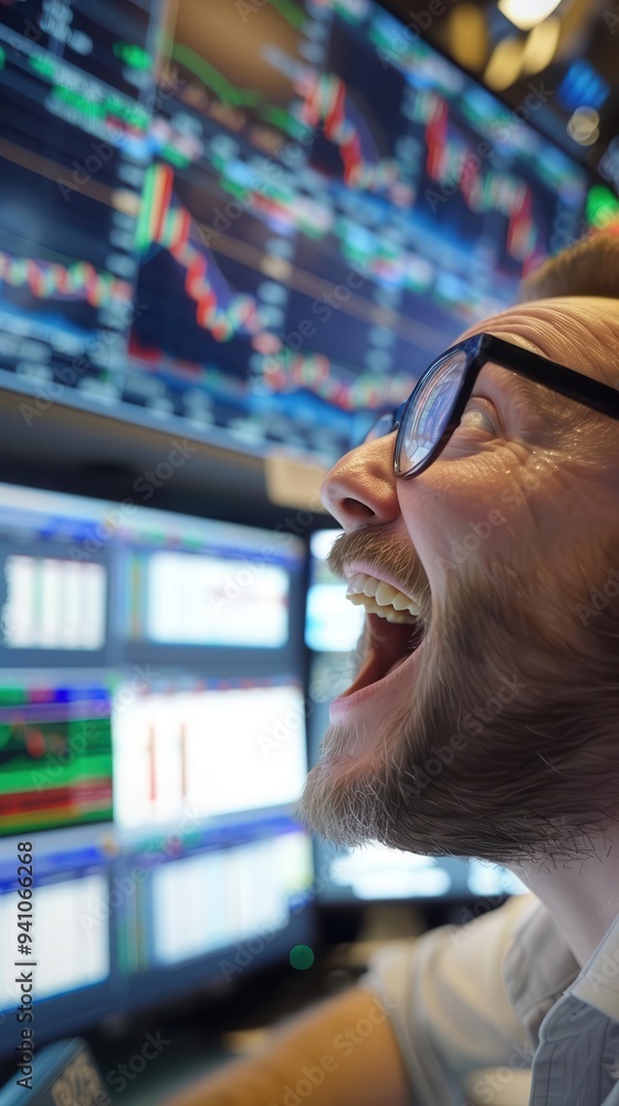 Poster Excited stock trader celebrating a successful trade while monitoring stock market data on multiple screens in a bustling trading environment.
