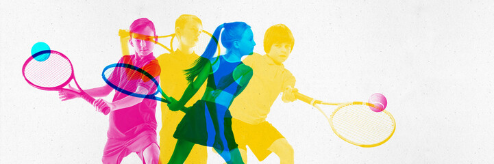 Children Play. Vibrant silhouettes of young children in action with tennis rackets, practicing, playful learning of tennis. Contemporary art collage. Concept of sport, active and healthy lifestyle