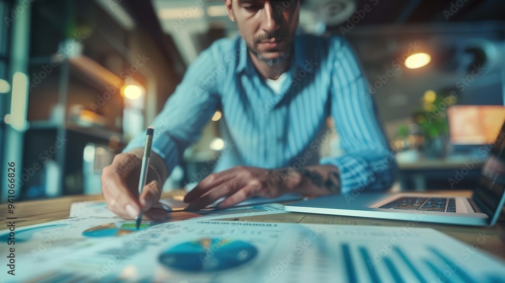 Poster a man working on financial documents at his desk, analyzing data and preparing reports with focus an