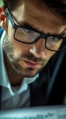 Fototapeta premium Focused businessman in glasses reading a document. Intense concentration and professional attitude in formal attire.