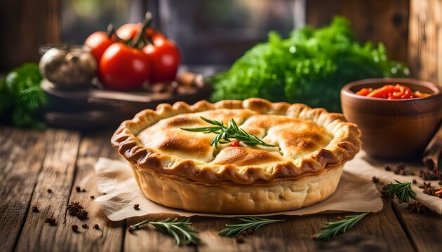 Round meat pie with vegetables and spices on a wooden background. Selective focus.
