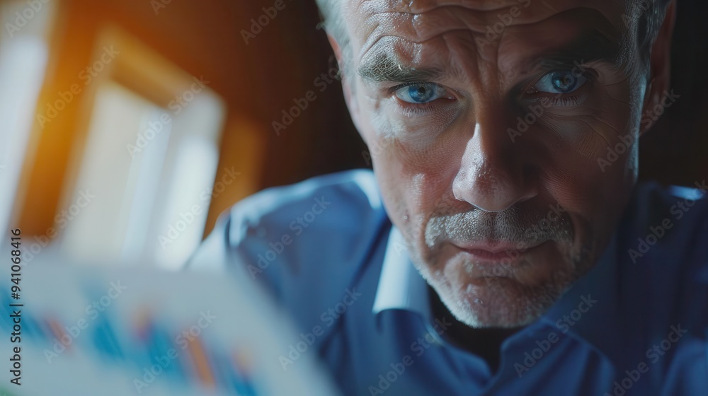 Poster close-up of man examining printed graphs. business professional analyzing data indoors with focused 
