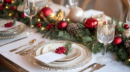 A festive table setting with holiday decorations and handmade place cards