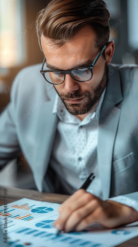 Poster business professional in a suit analyzing charts and graphs during a meeting. focused on data and st