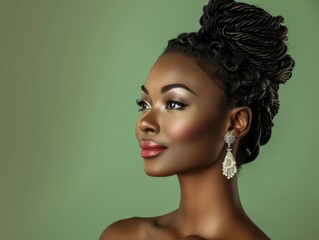African American woman with a bright smile and braided hair, wearing colorful earrings and eye makeup. The Green background accentuates her glowing skin and joyful demeanor.