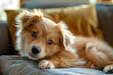A cute puppy resting on a fluffy blanket, with a soft focus background. The puppy's curious eyes and soft fur create an endearing and cozy scene.