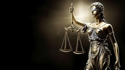 The bronze statue of Lady Justice with blindfold and scales symbolizes justice and law.