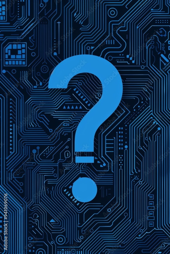 Poster blue question mark on circuit board background technology, problem solving, and innovation concept