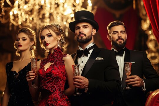 A group dressed in formal attire, posing elegantly at a lavish event, showcasing sophistication and glamor amid grand surroundings, giving a sense of luxury and exclusivity.