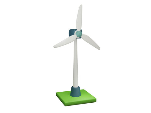 A 3D model of a wind turbine on a green base, symbolizing renewable energy and sustainability.