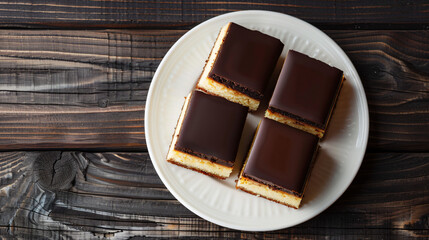 Four delectable chocolate-covered sponge cake slices displayed on a white plate on a dark wooden table
