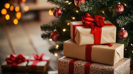 A stack of beautifully wrapped gifts under a Christmas tree decorated with handmade ornaments