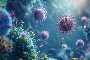 An illustration featuring various viruses and bacteria, highlighting their distinct forms and characteristics under a microscope, The delicate balance of the immune system, AI generated