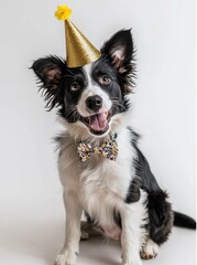 Fototapeta premium Dog wearing a gold party hat and colorful bow tie with a cheerful expression Generative AI