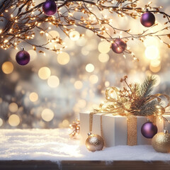 Christmas podium with blurry shiny lights for branding and packaging presentation. Product display with gift boxes, christmas tree, gold purple balls