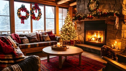 A cozy living room with a crackling fireplace and handmade Christmas decorations