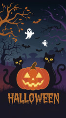 Illustration of spooky halloween wallpaper with skull in pumpkin, black cats, ghosts, bats, text "Halloween"