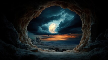 A breathtaking view of a full moon illuminating a dramatic landscape, as seen from the entrance of a rocky cave - AI Generated Digital Art.