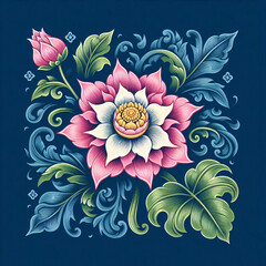 Intricate Thai Lotus with Green Leaves and Swirling Vines on Dark Blue Background for Decorative Design