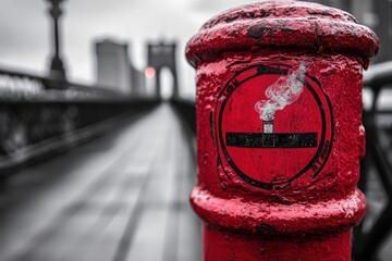 A close-up shot of a vibrant red post pillar with a smoking ban sign, situated on a foggy bridge leading to the city in the background, creating a contrasting urban scene.