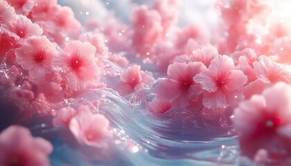 Abstract Hokusai style background. Waves, sea, pink sakura trees.