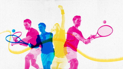 Young man, tennis player in three different colors in motion with racket, playing, training. Motion and technique. Contemporary art collage. Concept of sport, active and healthy lifestyle, competition