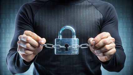 A man in a black turtleneck is handcuffed with handcuffs. Concept of an arrest for breach of cyber security.