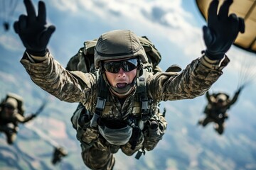A dramatic shot of paratroopers in full gear descending from the sky, capturing the intense and thrilling moment of the jump, emphasizing teamwork and bravery in military operations.