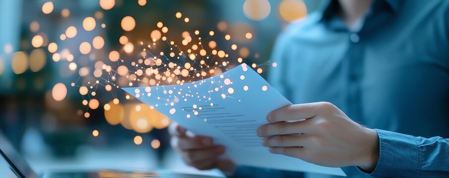 job seeker reading a job offer letter, representing successful job application, with light effects illuminating the excitement of acceptance.