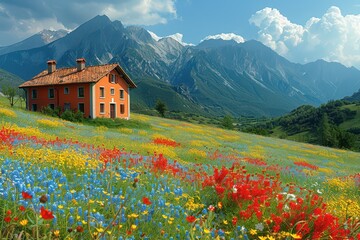 Fototapeta premium Summer Alpine field with flowers in the mountains and an old village house, a tavern, a restaurant