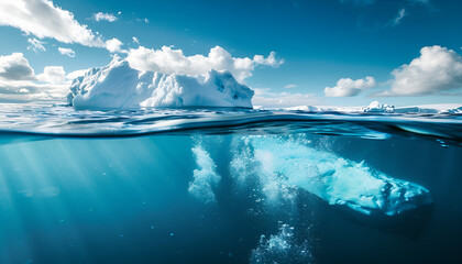 Iceberg in clear blue water and hidden danger under water. Iceberg - Hidden Danger And Global Warming Concept. Floating ice in ocean. Copyspace for text and design