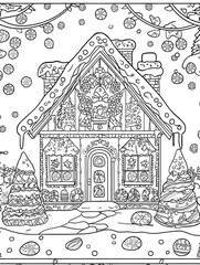 Obraz premium Black and white coloring worksheet. Coloring gingerbread house shaped cookies with decorations. Winter Christmas theme coloring book page activity for kids and adults.