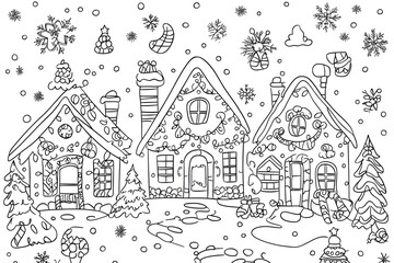 Black and white coloring worksheet. Coloring gingerbread house shaped cookies with decorations. Winter Christmas theme coloring book page activity for kids and adults.