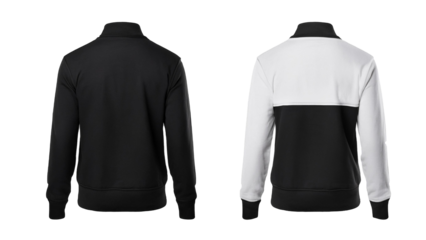 Blank black and white knitted sweater mockup, front and back view, 3d rendering. Empty seasonal handmade knitwear mock up, isolated. Clear fleece overall