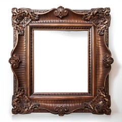 Elegant Ornate Antique Copper Frame Isolated on White Background, Vintage Decorative Picture or Mirror Frame with Detailed Carvings