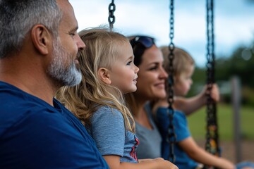 Obraz premium Side profile of a joyful family of four enjoying a day at the park while sitting on swings, showcasing moments of happiness, bonding, and family connection.