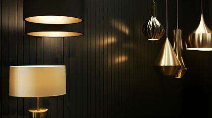 Bronze decoration lamps and lampshades in a modern style, set against a dark wall