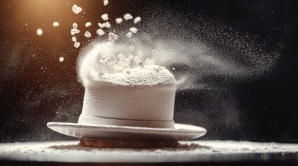 White powder explosion on a cake.