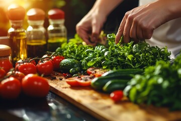Hands preparing a fresh vegetable salad on a wooden cutting board symbolizing the vitality of plant based nutrition healthy eating and a balanced diet