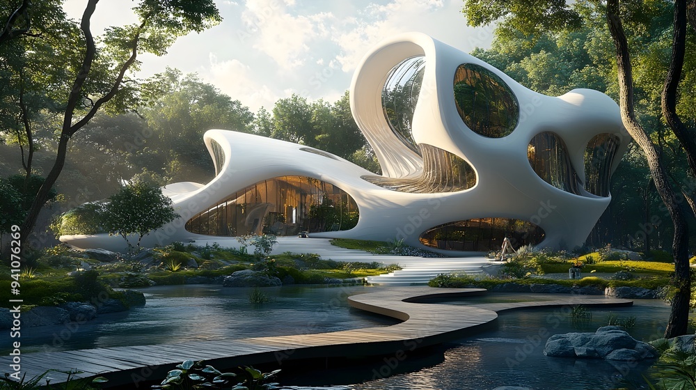 Poster avant garde architectural design featuring modular construction integrated green technology and inte