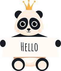 Cute cartoon panda bear wearing a golden crown, sitting and holding an empty sign saying hello