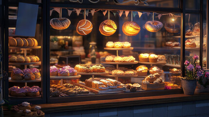 Bakery Display Window at Night.