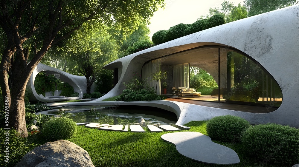 Poster avant garde architectural design of a modular sustainable building with integrated green technology 