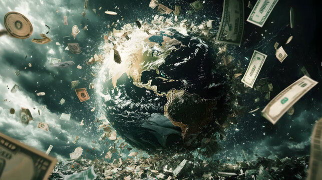 A shattered globe encircled by falling coins and crumbling banknotes against a backdrop of a stormy, dark sky.