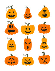 Vector set of isolated pumpkins with different scary emotions. Pumpkins ghosts Halloween symbol.