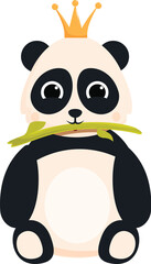 Adorable cartoon panda bear wearing a golden crown and chewing on a piece of bamboo