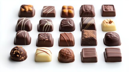 Obraz premium A variety of assorted chocolates arranged neatly on a white background.